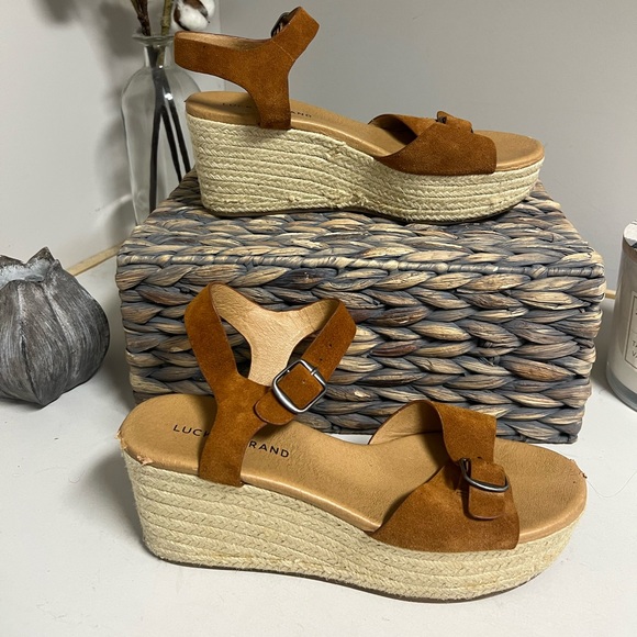 Lucky Brand Neveah Brown Leather Espadrille Strappy Buckle Wedge Size 9.5 - Picture 14 of 16
